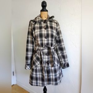 American Rag Plaid Wool Blend Belted Coat w Detachable Hood